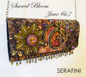 Text on image: "Sacred Bloom June 6&7" by artist "Serafini" A white background with a small batik purse with a silver chain. Beadwork depicts green flowers and a gold stem. The purse has beaded fringe details in purple and gold. 